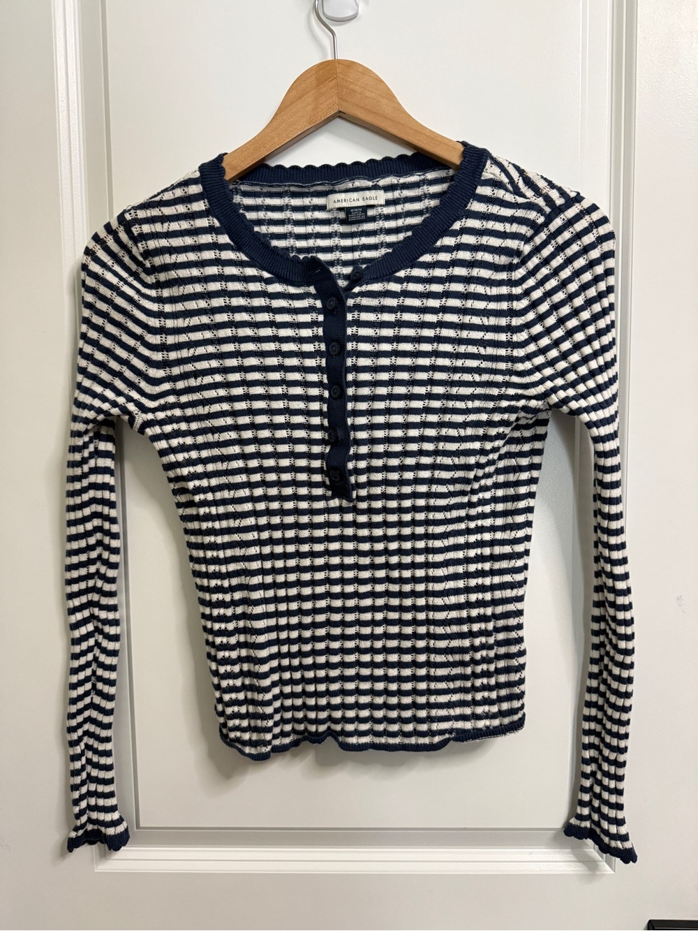 American Eagle Outfitters Navy & White Striped Ribbed Henley